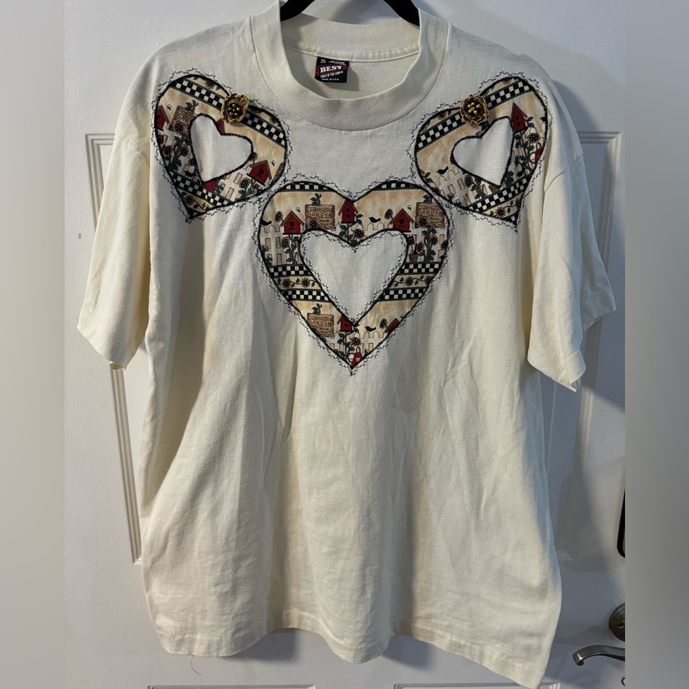 90s Grannycore Handmade Hearts Birds Sunflowers Quilted Custom Oversized TShirt